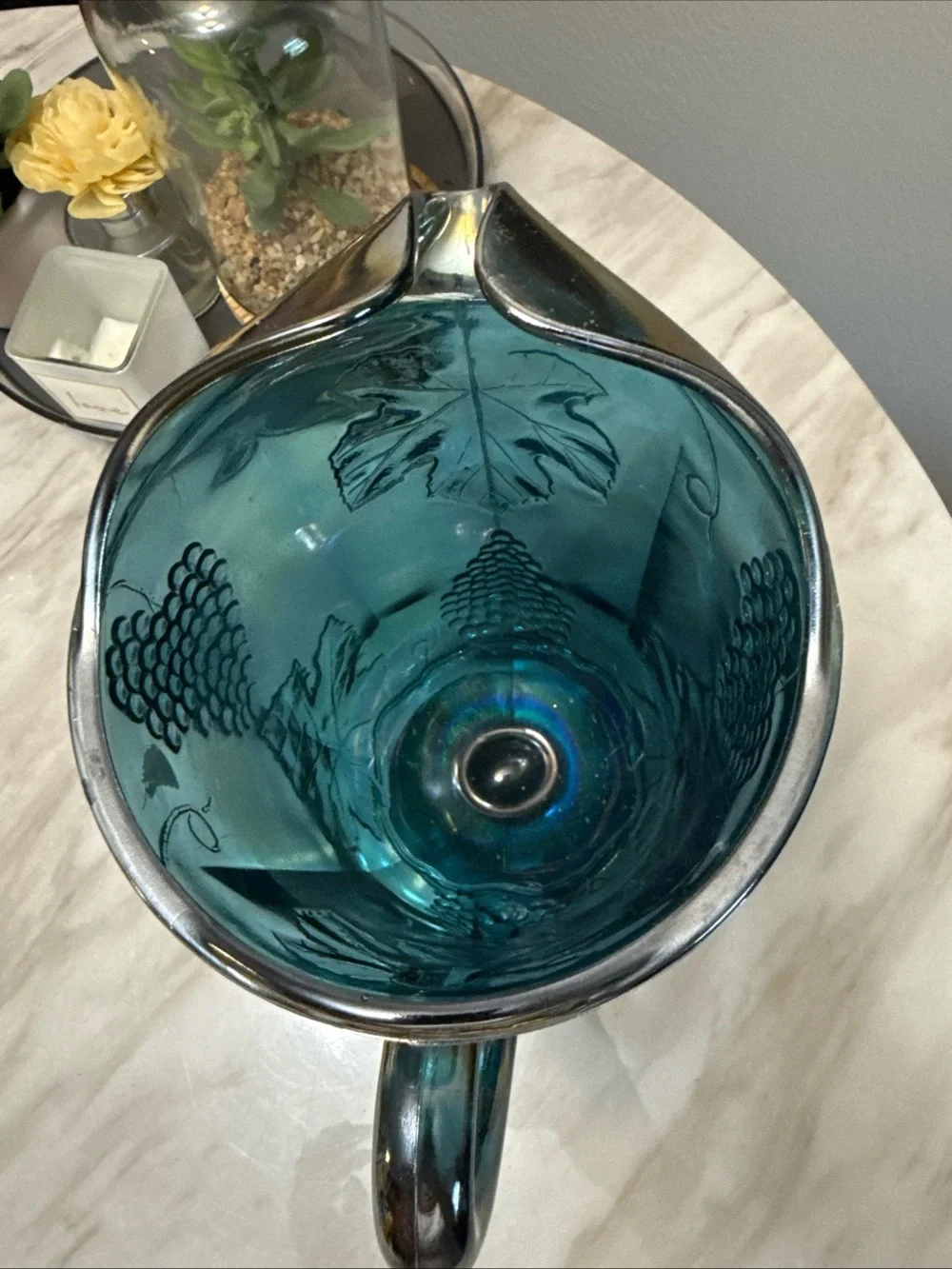 Vintage blue depression glass pitcher embossed grapes pattern